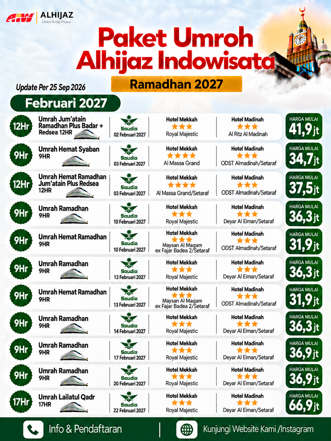 Umroh Ramadhan 1448 H/ 2027 ( Umroh Bulan Febuari 2027 )